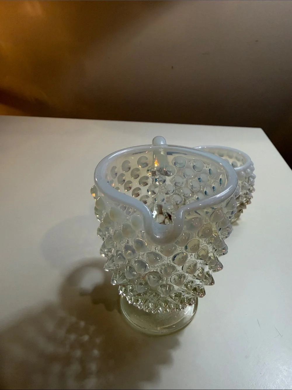 Hobnail Glass Creamer and Sugar Set - Opalescent White